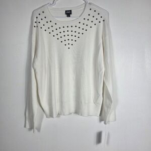 INC International Concepts Womens White Studded V Neck Long Sleeve Sweater Top L